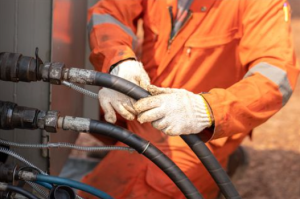 A man repairing or replacing Hydraulic Hose